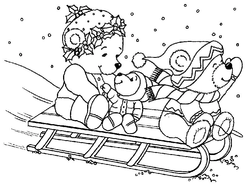 A family of teddy bears at Christmas coloring page